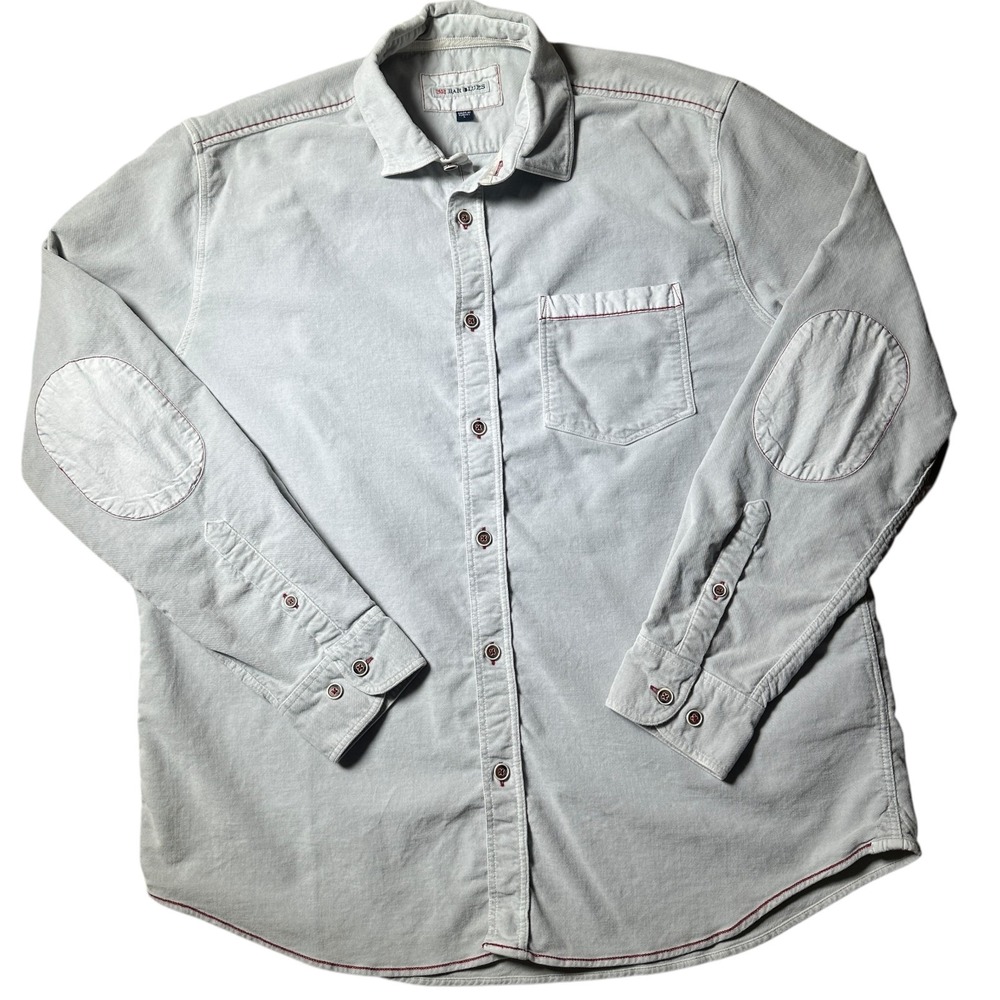 32 Bar Blues Shirt Men's Large  Cotton Velvet Felt Button Down White Elbow Pads‎